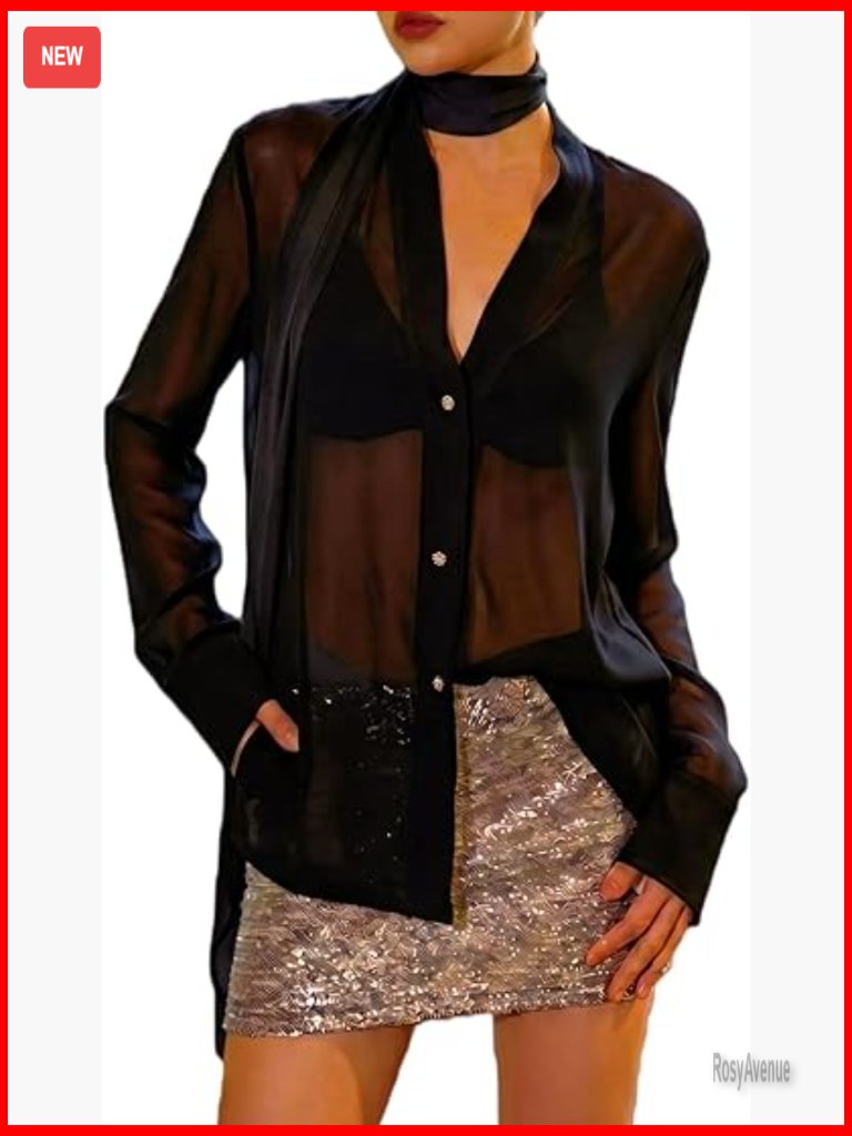 Sheer Chiffon V Neck Blouse With Neck Tie Long Sleeve